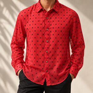 Mens Large Red Black Polka Dot Chiffon Shirt Long Sleeve Button Up Retro Party